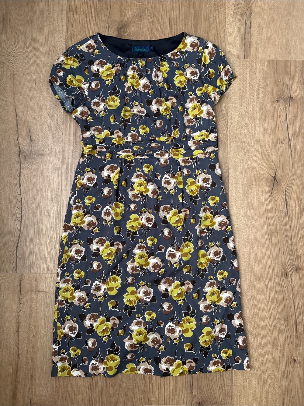 Boden Floral Print Midi Dress Cap Sleeve Navy Yellow Size 10